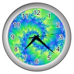 Colorful Blue and Green Spiral Fractal  Wall Clock (Silver)