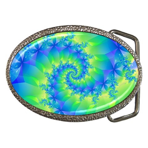 Colorful Blue and Green Spiral Fractal  Belt Buckle from ArtsNow.com Front