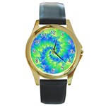 Colorful Blue and Green Spiral Fractal  Round Gold Metal Watch