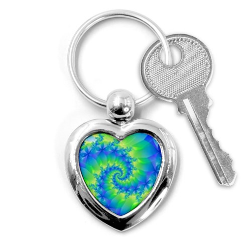 Colorful Blue and Green Spiral Fractal  Key Chain (Heart) from ArtsNow.com Front