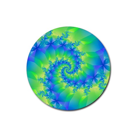 Colorful Blue and Green Spiral Fractal  Rubber Coaster (Round) from ArtsNow.com Front