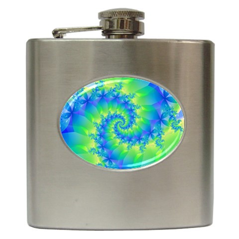 Colorful Blue and Green Spiral Fractal  Hip Flask (6 oz) from ArtsNow.com Front