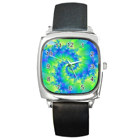 Colorful Blue and Green Spiral Fractal  Square Metal Watch from ArtsNow.com Front