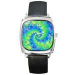 Colorful Blue and Green Spiral Fractal  Square Metal Watch