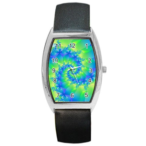 Colorful Blue and Green Spiral Fractal  Barrel Style Metal Watch from ArtsNow.com Front