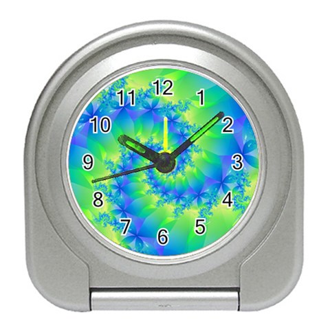 Colorful Blue and Green Spiral Fractal  Travel Alarm Clock from ArtsNow.com Front