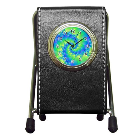 Colorful Blue and Green Spiral Fractal  Pen Holder Desk Clock from ArtsNow.com Front