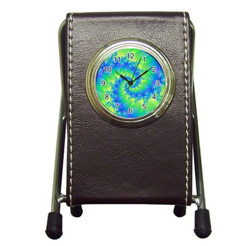 Colorful Blue and Green Spiral Fractal  Pen Holder Desk Clock from ArtsNow.com Front