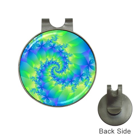 Colorful Blue and Green Spiral Fractal  Golf Ball Marker Hat Clip from ArtsNow.com Front