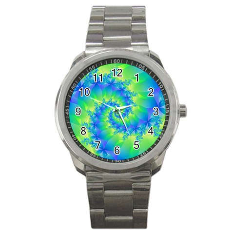 Colorful Blue and Green Spiral Fractal  Sport Metal Watch from ArtsNow.com Front