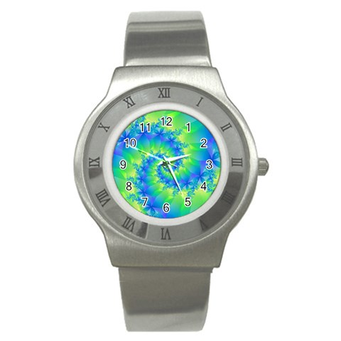 Colorful Blue and Green Spiral Fractal  Stainless Steel Watch from ArtsNow.com Front