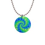 Colorful Blue and Green Spiral Fractal  1  Button Necklace