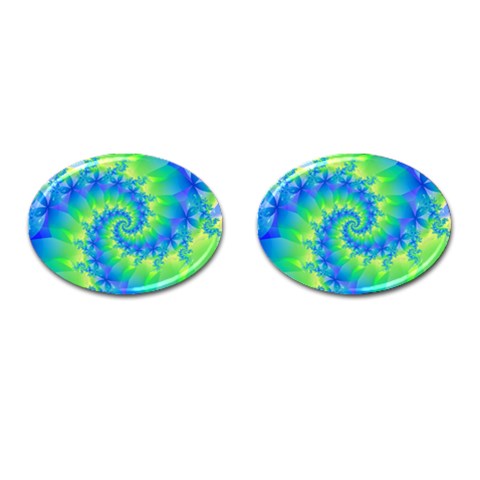 Colorful Blue and Green Spiral Fractal  Cufflinks (Oval) from ArtsNow.com Front(Pair)