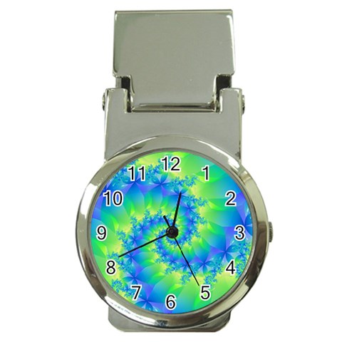 Colorful Blue and Green Spiral Fractal  Money Clip Watch from ArtsNow.com Front