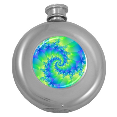 Colorful Blue and Green Spiral Fractal  Hip Flask (5 oz) from ArtsNow.com Front