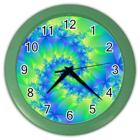 Colorful Blue and Green Spiral Fractal  Color Wall Clock from ArtsNow.com Front