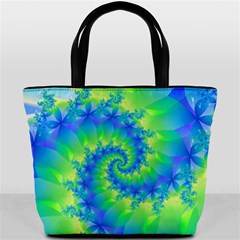 Colorful Blue and Green Spiral Fractal  Bucket Bag from ArtsNow.com Front