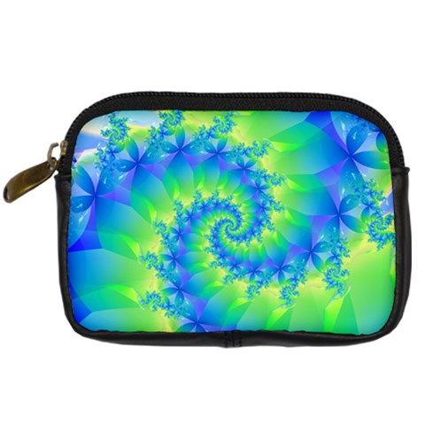 Colorful Blue and Green Spiral Fractal  Digital Camera Leather Case from ArtsNow.com Front