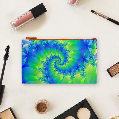 Colorful Blue and Green Spiral Fractal  Cosmetic Bag (Small) from ArtsNow.com Front