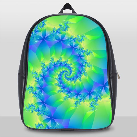 Colorful Blue and Green Spiral Fractal  School Bag (Large) from ArtsNow.com Front