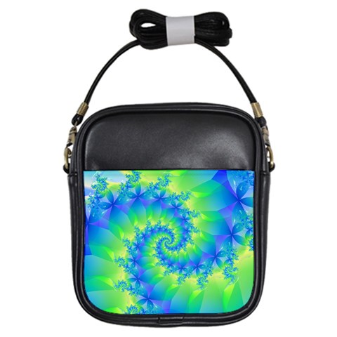 Colorful Blue and Green Spiral Fractal  Girls Sling Bag from ArtsNow.com Front