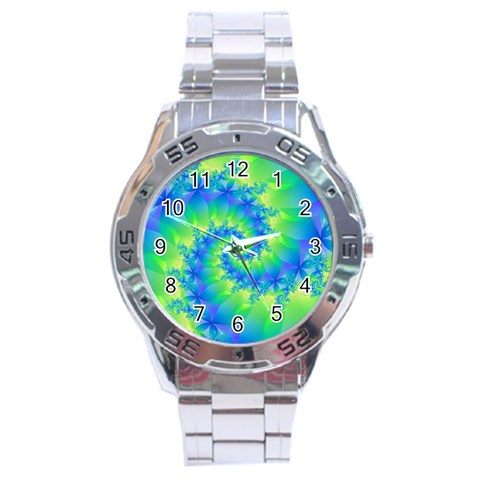 Colorful Blue and Green Spiral Fractal  Stainless Steel Analogue Watch from ArtsNow.com Front