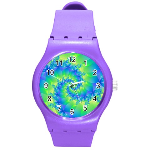 Colorful Blue and Green Spiral Fractal  Round Plastic Sport Watch (M) from ArtsNow.com Front