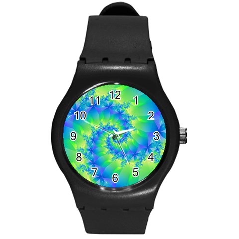 Colorful Blue and Green Spiral Fractal  Round Plastic Sport Watch (M) from ArtsNow.com Front