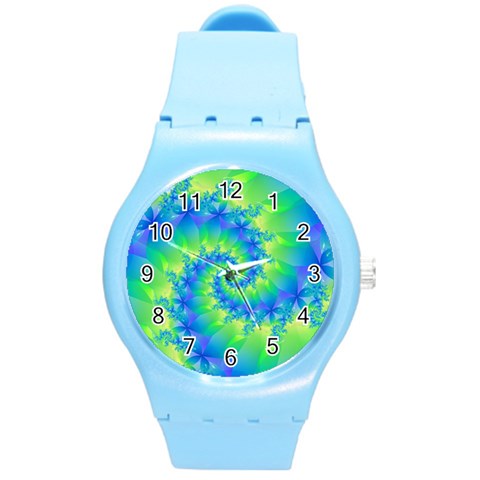 Colorful Blue and Green Spiral Fractal  Round Plastic Sport Watch (M) from ArtsNow.com Front