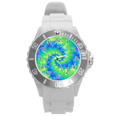 Colorful Blue and Green Spiral Fractal  Round Plastic Sport Watch (L) from ArtsNow.com Front