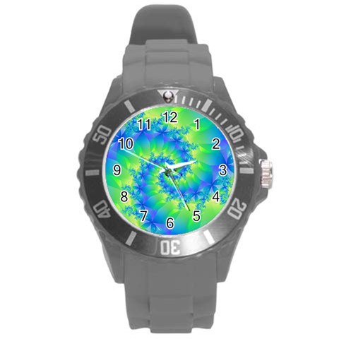 Colorful Blue and Green Spiral Fractal  Round Plastic Sport Watch (L) from ArtsNow.com Front