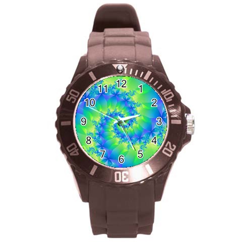 Colorful Blue and Green Spiral Fractal  Round Plastic Sport Watch (L) from ArtsNow.com Front