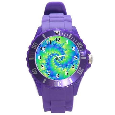 Colorful Blue and Green Spiral Fractal  Round Plastic Sport Watch (L) from ArtsNow.com Front