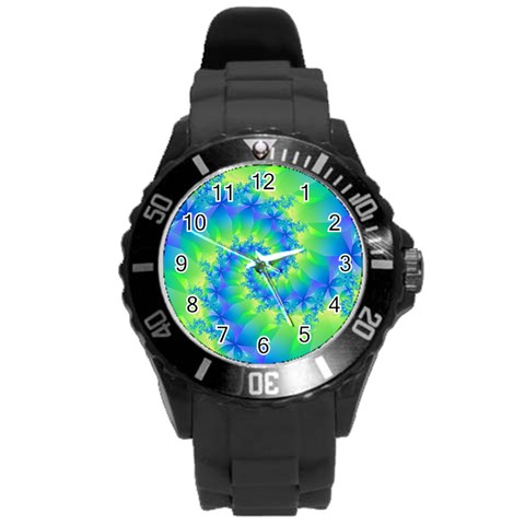 Colorful Blue and Green Spiral Fractal  Round Plastic Sport Watch (L) from ArtsNow.com Front