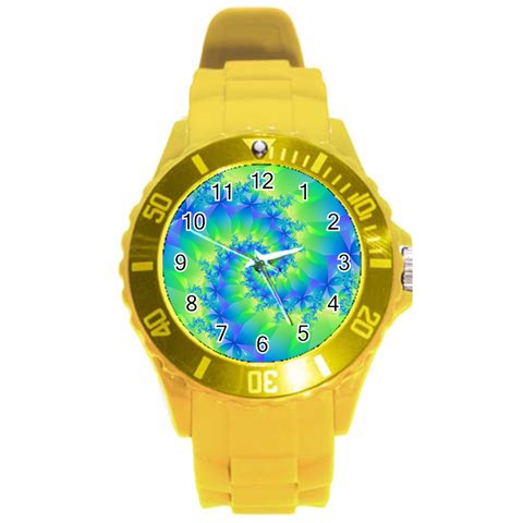 Colorful Blue and Green Spiral Fractal  Round Plastic Sport Watch (L) from ArtsNow.com Front