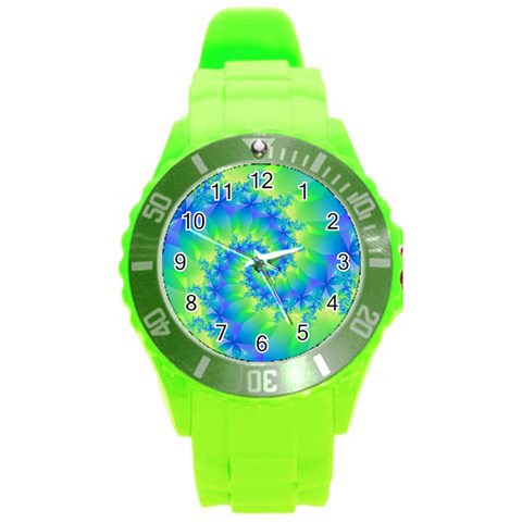 Colorful Blue and Green Spiral Fractal  Round Plastic Sport Watch (L) from ArtsNow.com Front