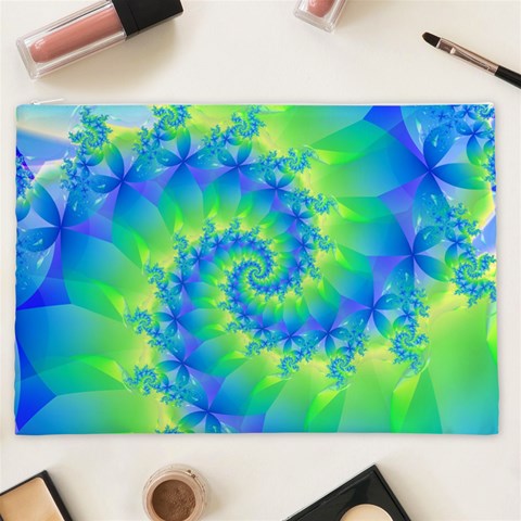 Colorful Blue and Green Spiral Fractal  Cosmetic Bag (XXL) from ArtsNow.com Front