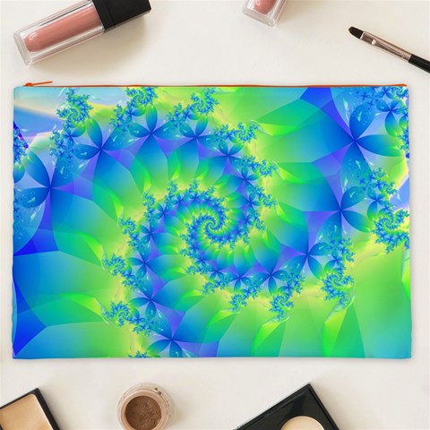 Colorful Blue and Green Spiral Fractal  Cosmetic Bag (XXL) from ArtsNow.com Front