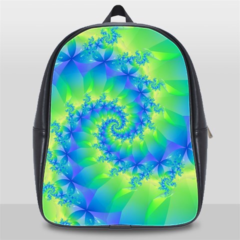 Colorful Blue and Green Spiral Fractal  School Bag (XL) from ArtsNow.com Front