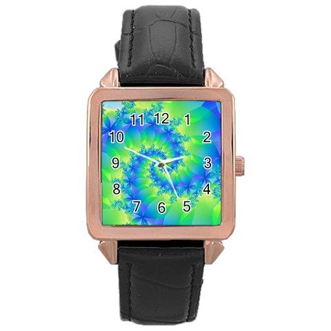 Colorful Blue and Green Spiral Fractal  Rose Gold Leather Watch  from ArtsNow.com Front