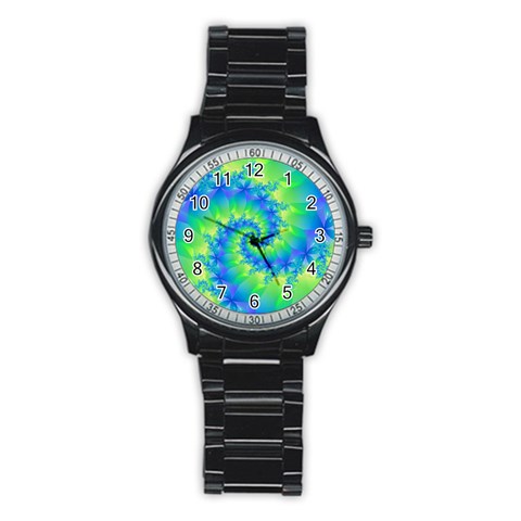 Colorful Blue and Green Spiral Fractal  Stainless Steel Round Watch from ArtsNow.com Front