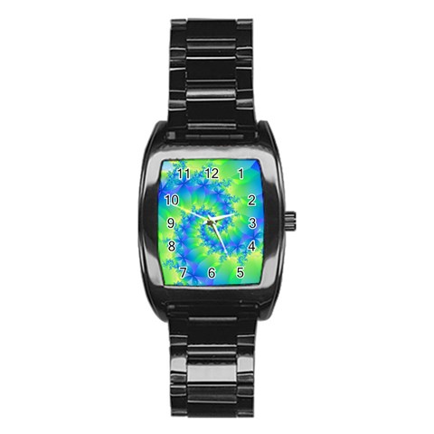 Colorful Blue and Green Spiral Fractal  Stainless Steel Barrel Watch from ArtsNow.com Front