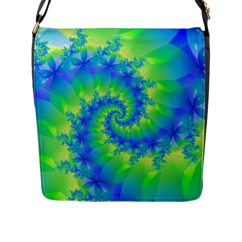 Colorful Blue and Green Spiral Fractal  Flap Closure Messenger Bag (L) from ArtsNow.com Front