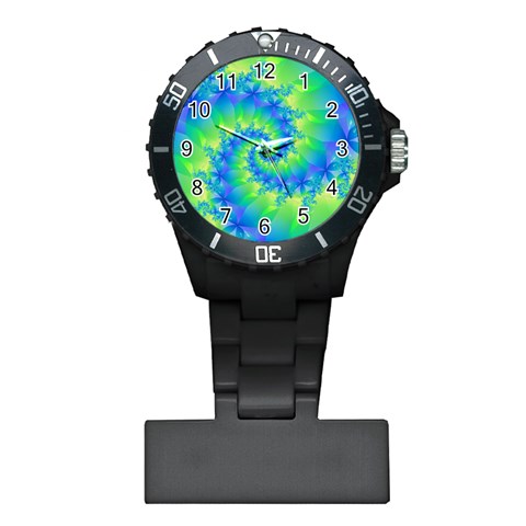 Colorful Blue and Green Spiral Fractal  Plastic Nurses Watch from ArtsNow.com Front