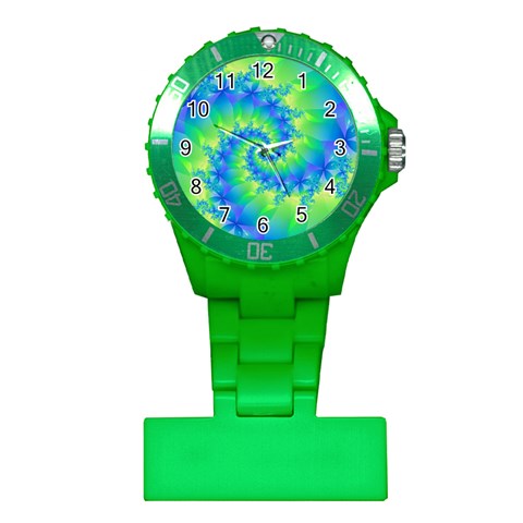 Colorful Blue and Green Spiral Fractal  Plastic Nurses Watch from ArtsNow.com Front