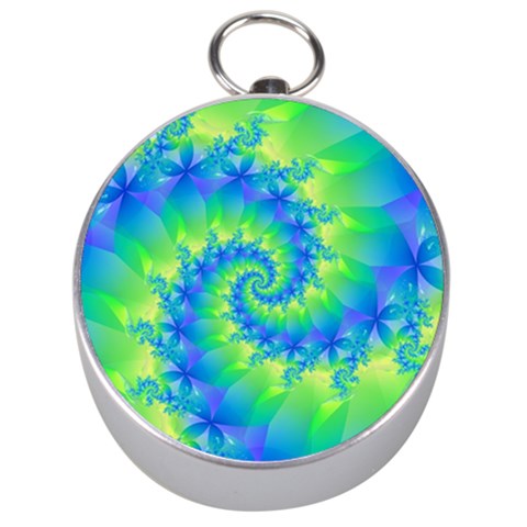 Colorful Blue and Green Spiral Fractal  Silver Compass from ArtsNow.com Front