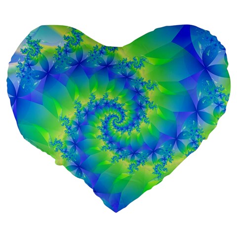 Colorful Blue and Green Spiral Fractal  Large 19  Premium Flano Heart Shape Cushion from ArtsNow.com Back