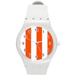 Vertical Stripes - White and Tangelo Orange Round Plastic Sport Watch (M)