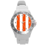 Vertical Stripes - White and Tangelo Orange Round Plastic Sport Watch (L)