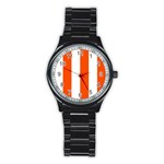 Vertical Stripes - White and Tangelo Orange Stainless Steel Round Watch